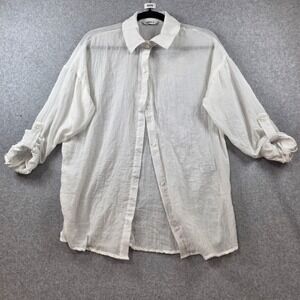 Cisono Wovens Womens White Crinkle Roll Tab Sleeve Button Down Shirt size Small